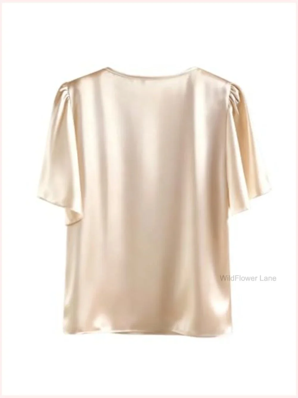 Elegant Satin Ruffle Short Sleeve Blouse Pearl Crew Neck Summer Top - Picture 2 of 5